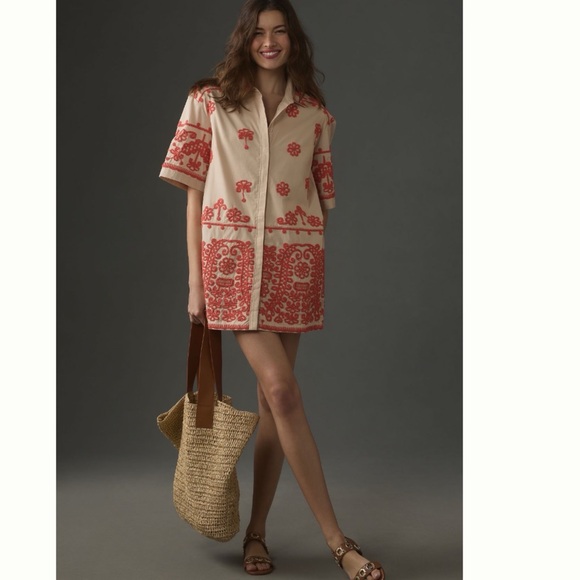NWT Anthropologie Maeve Embroidered CollaredButton front Mini Shirt Dress XL